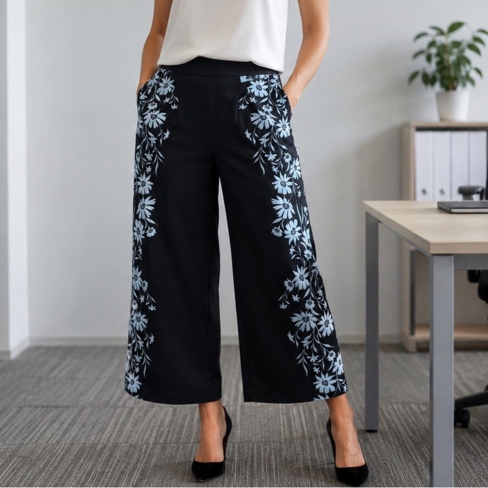 NWT Liz Claiborne Wide Leg Floral Trousers XL Black Pull On Ankle Crop Pants NEW
